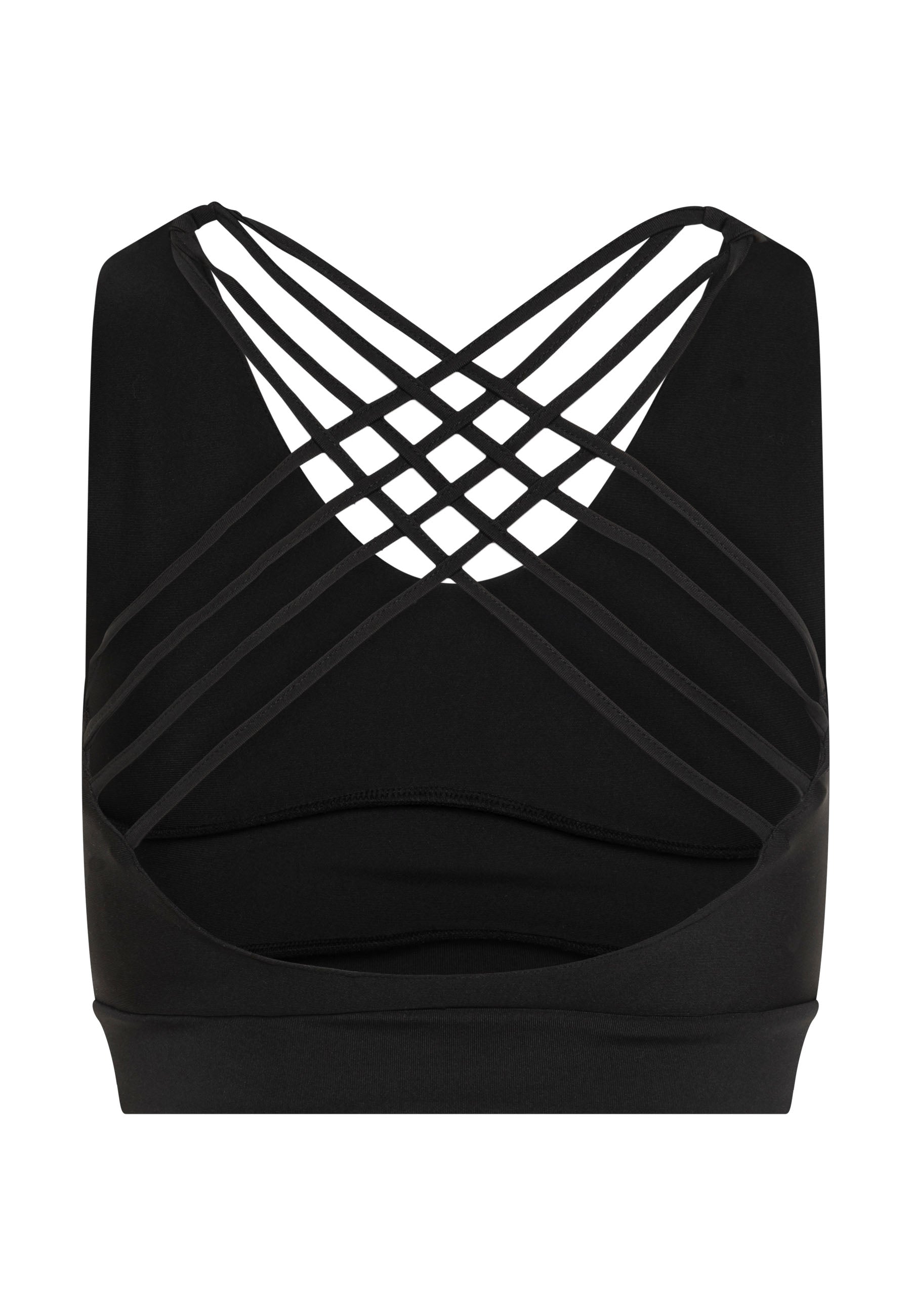 Lismina 188 Sport-BH in Schwarz mit gekreuztem Rücken auf weißem Hintergrund.